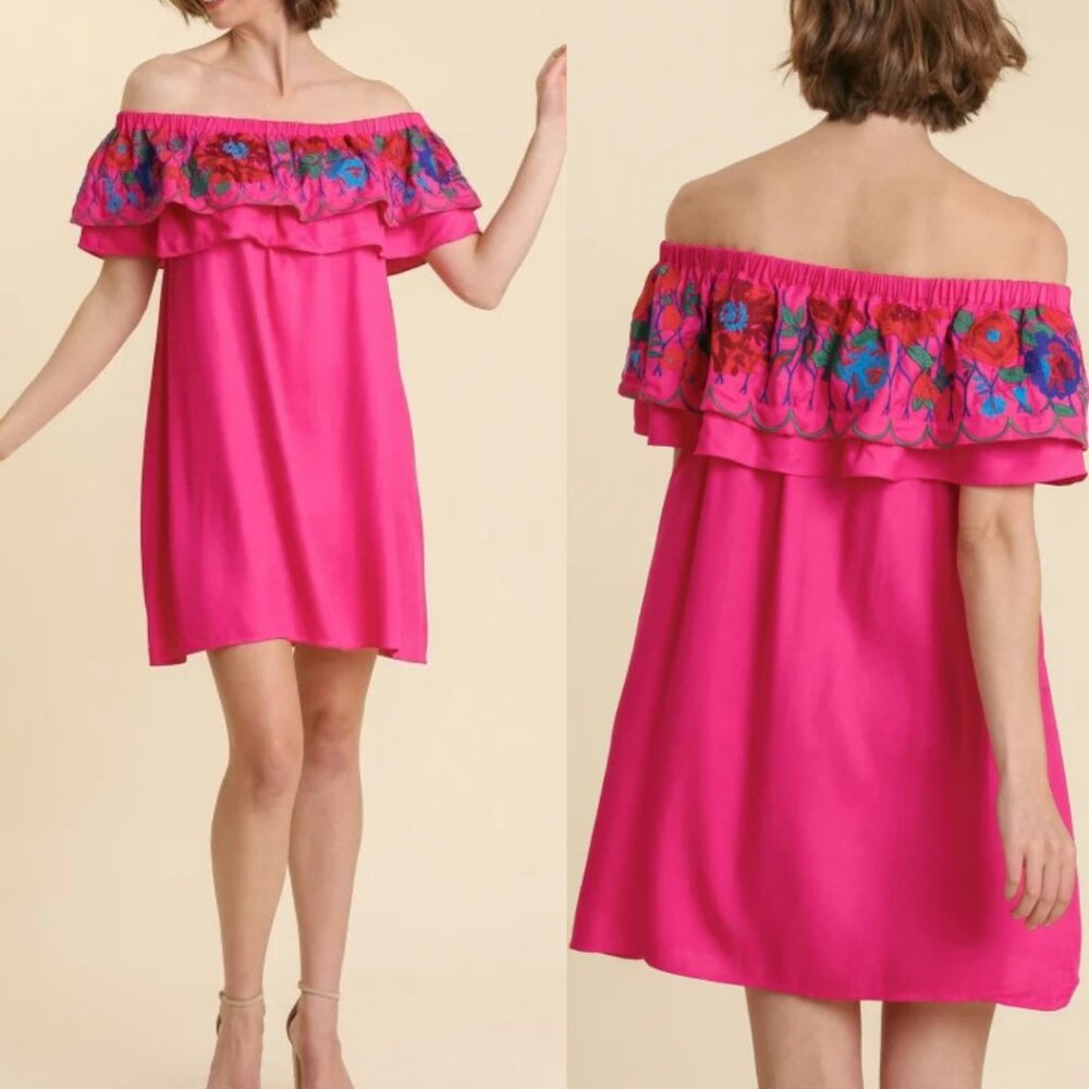 Umgee Floral Embroidered Off-Shoulder Ruffled Dress Pink Sz M